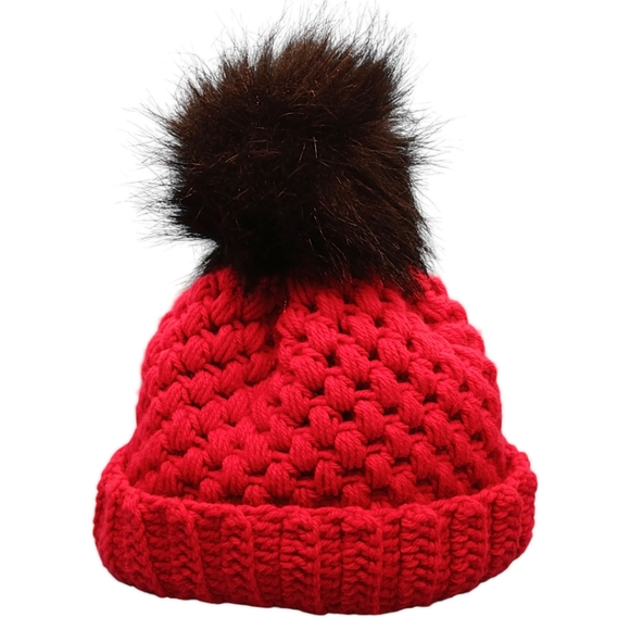 HANDMADE Red Beanie with Black Faux Fur Pom Pom Hand Crocheted Winter Hat - Picture 2 of 6